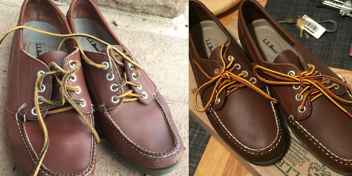 My four-year-old LL Bean Blucher Mocs with broken stitching, next to the replacement.