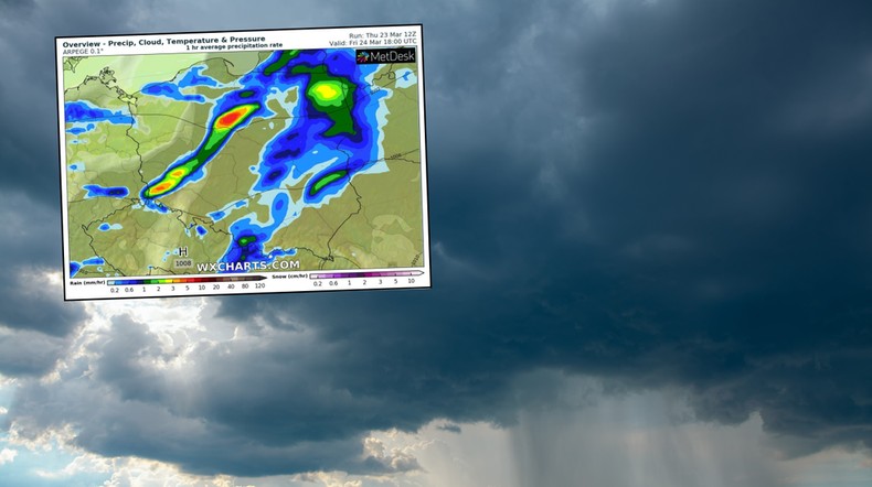 Piątek będzie wyjątkowo ciepły, ale deszczowy i burzowy (mapa: wxcharts.com)