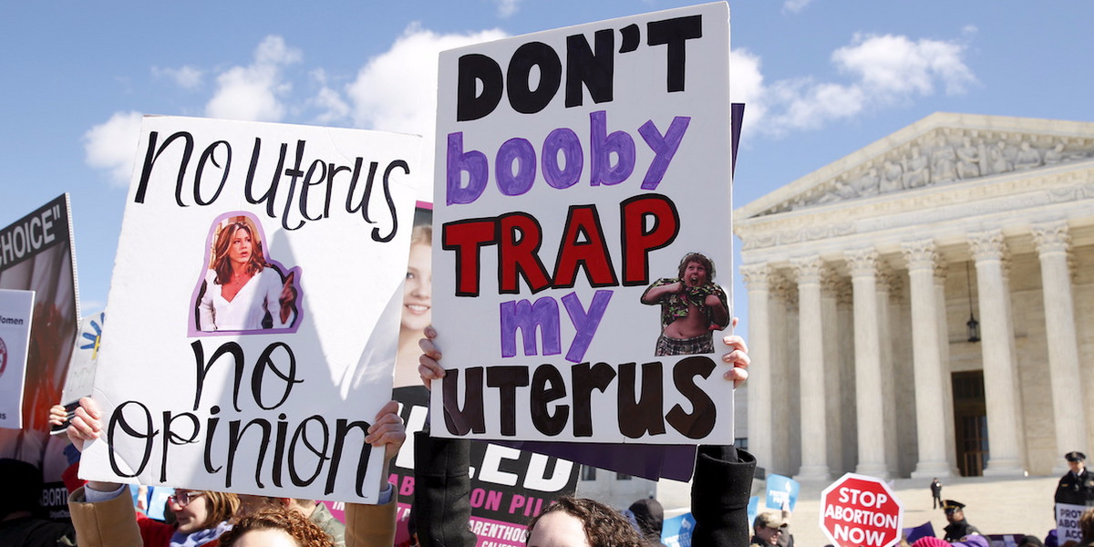 Protesters demonstrating in front of the US Supreme Court on the morning the court took up a major abortion case focusing on whether a Texas law that imposes strict regulations on abortion doctors and clinic buildings interferes with the constitutional right of a woman to end her pregnancy, in Washington on March 2.