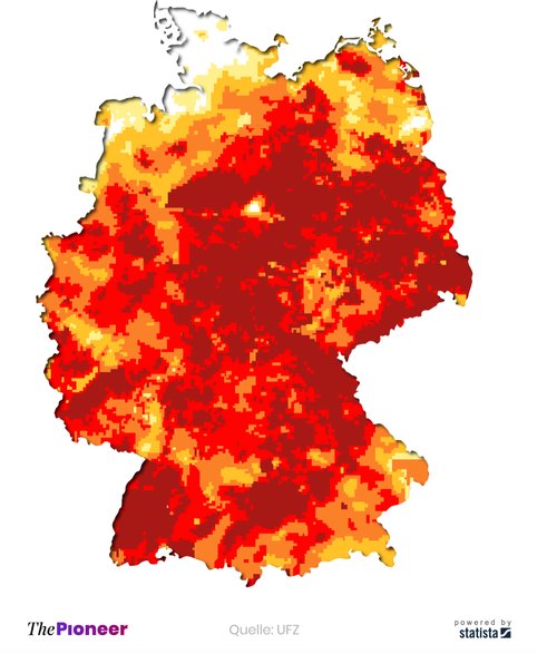 Susza w Niemczech (im bardziej czerwony kolor, tym większe niedobory wody)