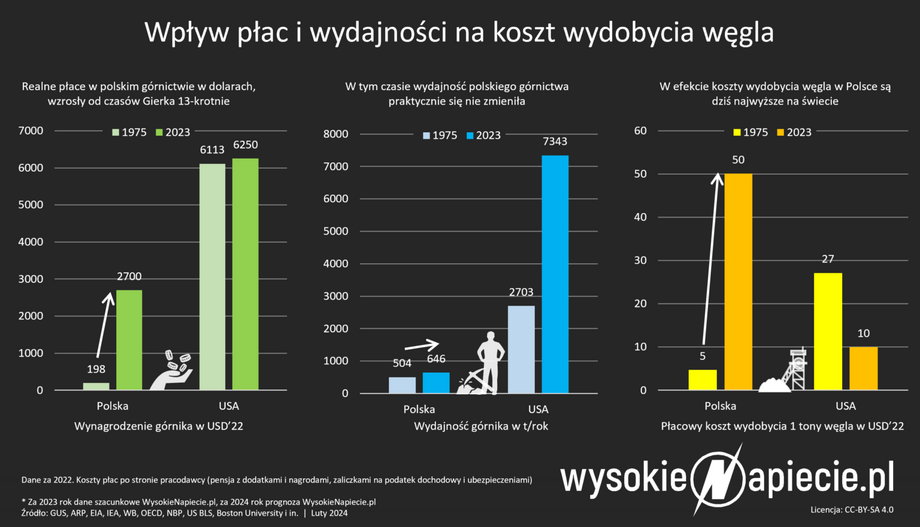 Od czasów PRL realne płace w polskim górnictwie mocno wzrosły, za to wydajność górnictwa poprawiła się tylko nieznacznie.