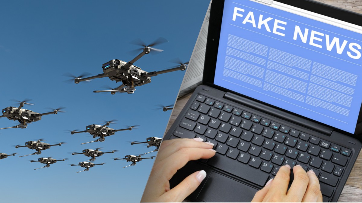 Grafika przedstawiająca lecące drony wojskowe na niebie oraz fragment laptopa z napisem 'FAKE NEWS' na ekranie, symbolizująca związek między atakami dronów a dezinformacją w sieci.