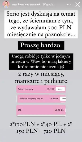 Martyna Kaczmarek tłumaczy się z wydanych 700 zł na manicure / Instagram @martynakaczmarek