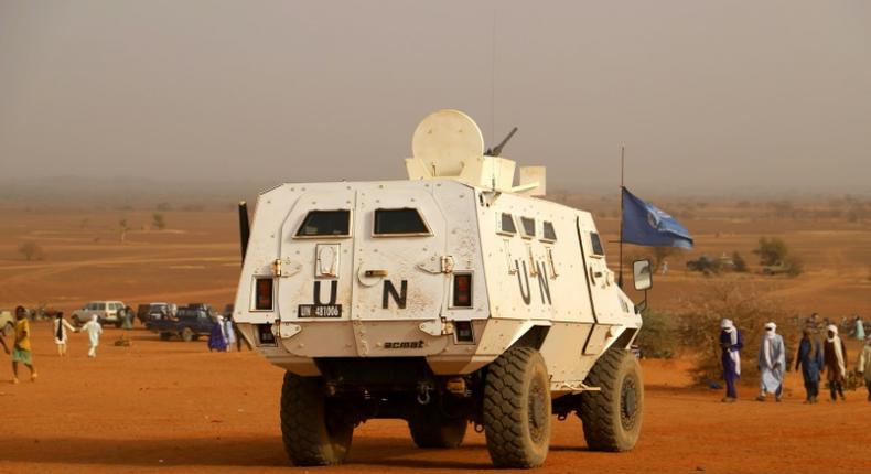 Un blindé de la mission de l'ONU au Mali dans la région de Menaka le 14 mars 2020