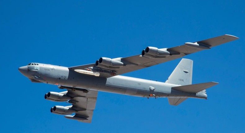 B-52 bomber carrying a new hypersonic weapon prototype.
