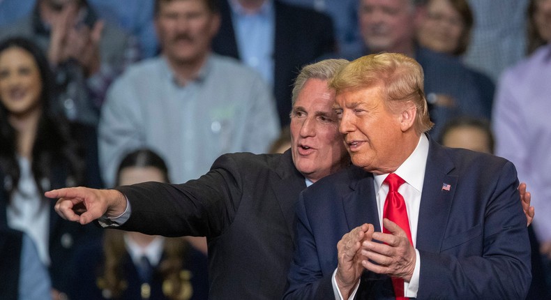 House Minority Leader Kevin McCarthy and US President Donald Trump attend a legislation signing rally with local farmers in Bakersfield, Calif., on February 19, 2020.David McNew/Getty Images