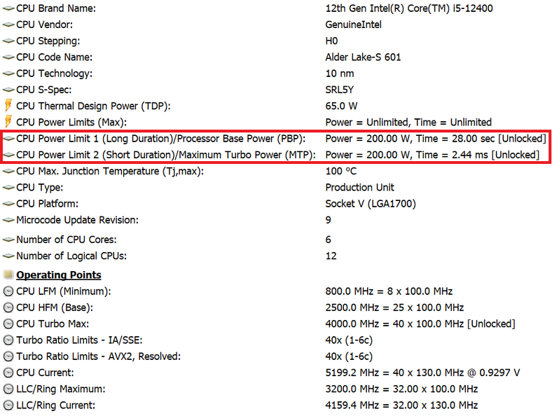 Intel Core i5-12400 – HWiNFO64 – limity mocu przy taktowaniu 5,2 GHz