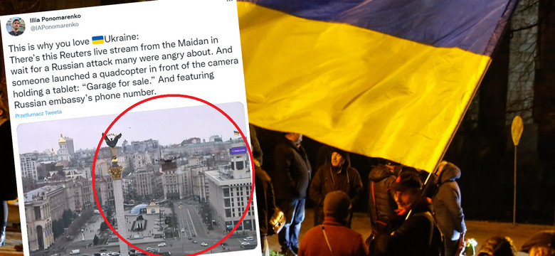Kamera obserwowała Kijów. Nagle w kadrze pojawił się dron z ogłoszeniem [WIDEO]