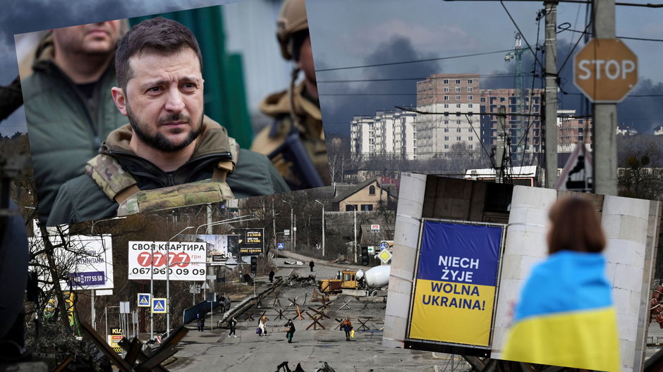 Zdjęcia atakowanego Kijowa, prezydenta Zełenskiego i ukraińskiej flagi