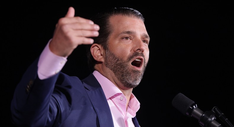 DALTON, GEORGIA - JANUARY 04: Donald Trump Jr., son of U.S. President Donald Trump, speaks during a Republican National Committee Victory Rally at Dalton Regional Airport January 4, 2021 in Dalton, Georgia. President Trump campaigned for the two incumbents, Sen. David Perdue (R-GA) and Sen. Kelly Loeffler (R-GA), for tomorrows runoff elections in Georgia.