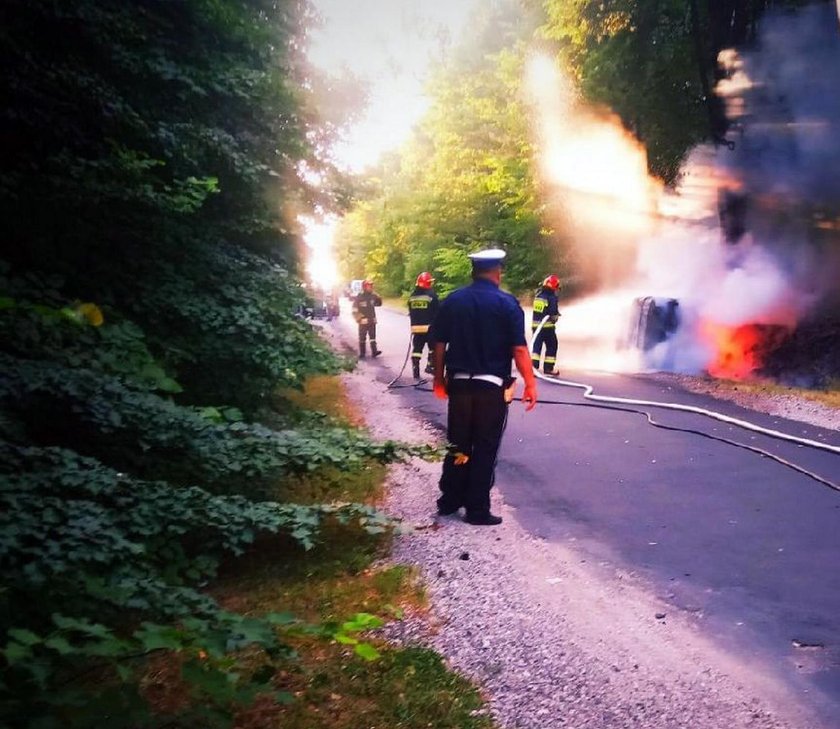 Zderzenie z sarną i pożar auta pod Rawą Mazowiecką