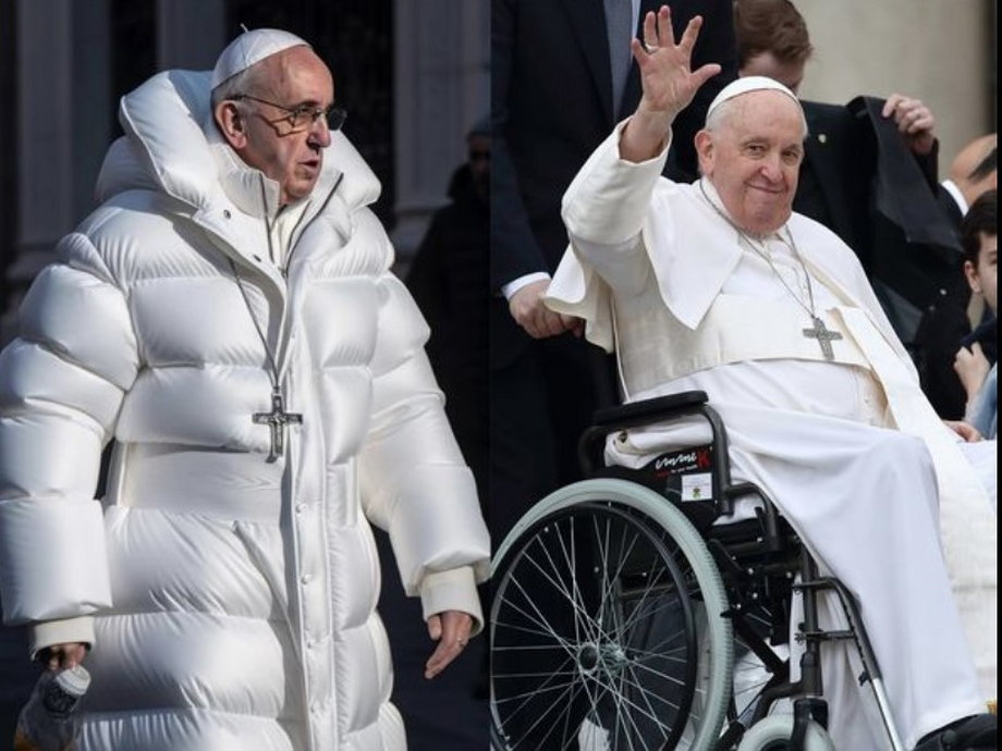 Fałszywy wizerunek papieża Franciszka wygenerowany przez sztuczną inteligencję (po lewej); prawdziwe zdjęcie papieża Franciszka (po prawej).