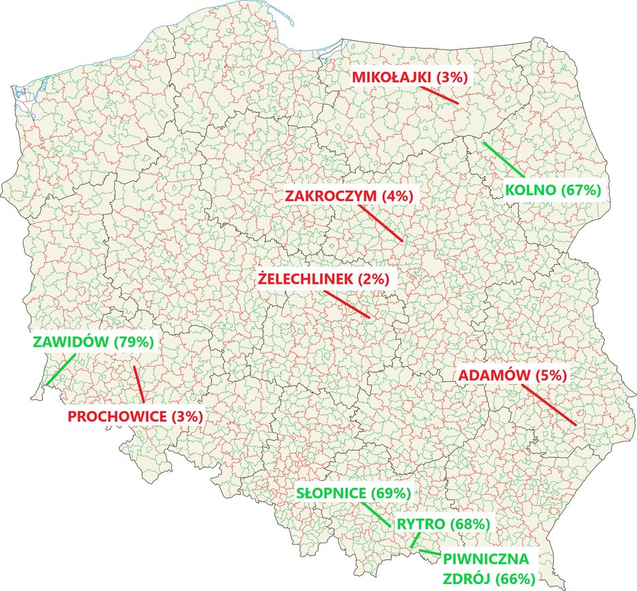 W tych gminach zgłoszono najwięcej (zielone) i najmniej (czerwone) nieruchomości do Centralnej Ewidencji Emisyjności Budynków. Źródło: Główny Urząd Nadzoru Budowlanego.