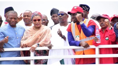 (L-R) Senator Tony Nwonye; Senator Ireti Kingibe; Senator Ali Ndume; TUC President, Festus Osifo; and NLC President, Joe Ajaero in a joint address to protesters at the National Assembly Complex in Abuja on Wednesday, August 2, 2023 [Channels TV]