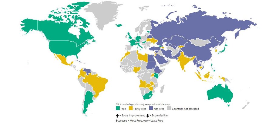 Ocena sieci na świecie okiem organizacji Freedom House. Zielone - wolna, żółte - częściowo wolna, fioletowe - nie jest wolna, szare - niezbadane