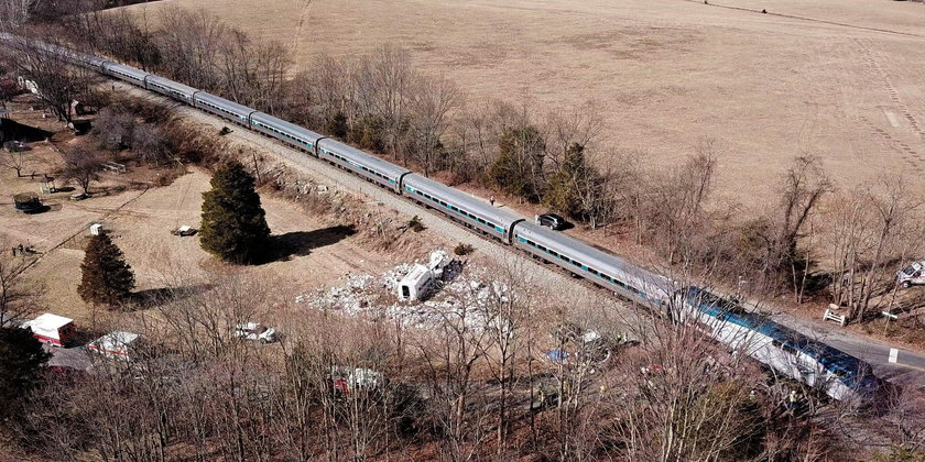 View of the scene following the accident when a train traveling from Washington to West Virginia car