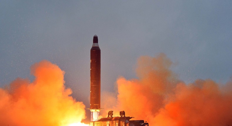 A test launch of a Hwasong-10, a ground-to-ground intermediate-range ballistic missile, in an undated photo released by the state-run Korean Central News Agency on June 23, 2016.