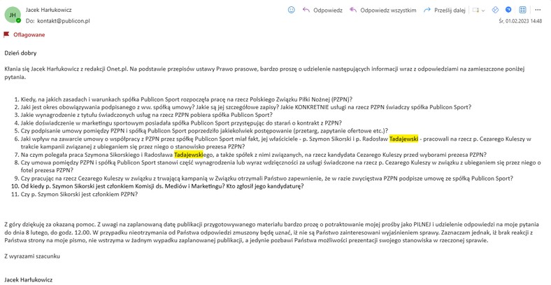 Pytania Onetu przesłane Radosławowi Tadajewskiemu w lutym 2023 r.