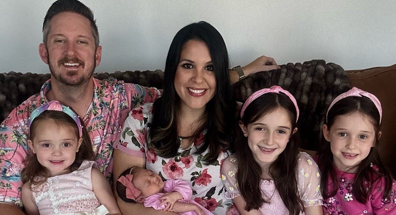 Kristin Lammert with her husband, Nick, and their four daughters, aged 3, almost a month, 6, and 9 — who share the same birthday.Courtesy of Kristin Lammert