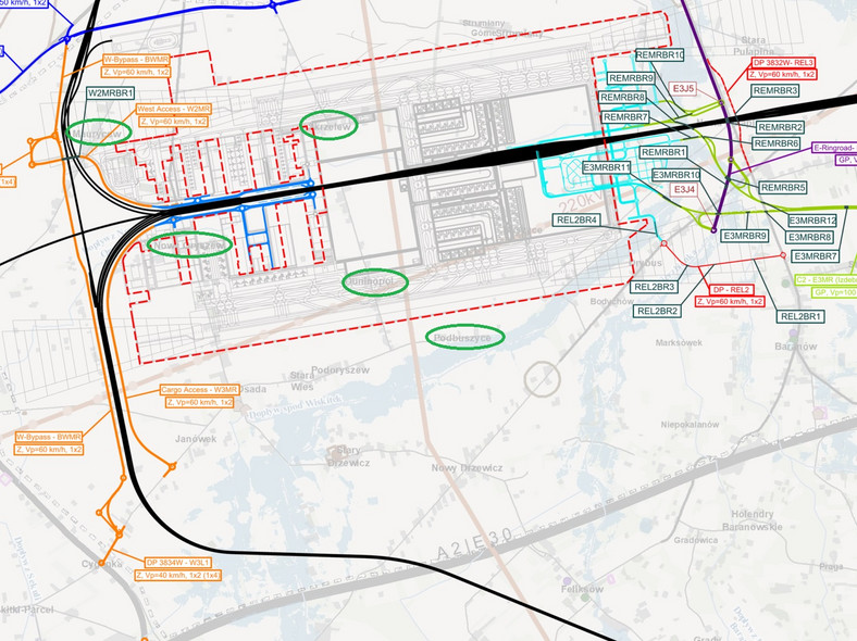 Czerwona linia to planowane granice megalotniska. Na mapie zaznaczyliśmy nazwy wiosek, które odwiedziliśmy (od góry): Maurycew, Skrzelew, Nowy Oryszew, Duninopol oraz Podbuszyce. Szara linia na dole ilustracji to autostrada A2 w rejonie węzła Wiskitki – fot. materiały spółki CPK.