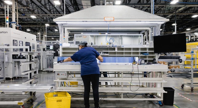 The assembly floor at the Qcells solar panel manufacturing factory in Dalton, Georgia.Dustin Chambers/The Washington Post.