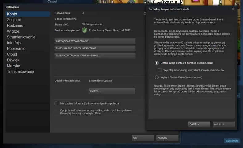 Okienko zarządzania Steam Guardem pozwoli nam na jego aktywację bądź wyłączenie