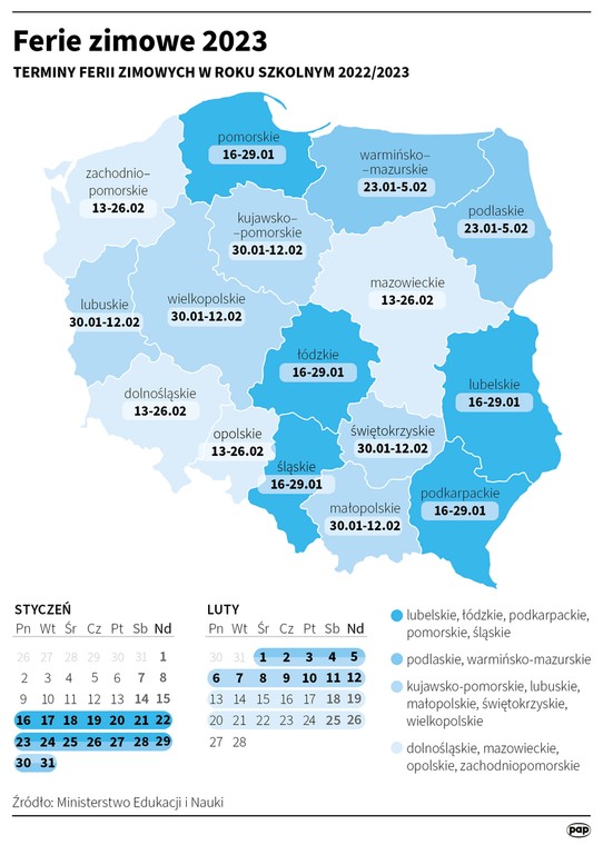 Terminy ferii zimowych w roku szkolnym 2022/2023