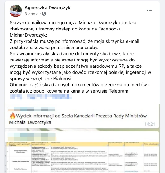 Screen z konta na Facebooku Agnieszki Dworczyk