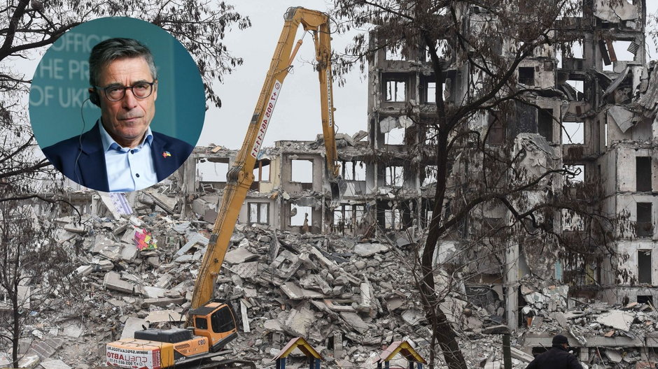 Ruiny Mariupola w marcu 2022 r. W kółku: b. sekretarz generalny NATO Anders Fogh Rasmussen.
