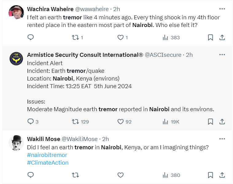 Kenyans on social media reported a tremor in Nairobi and surrounding areas