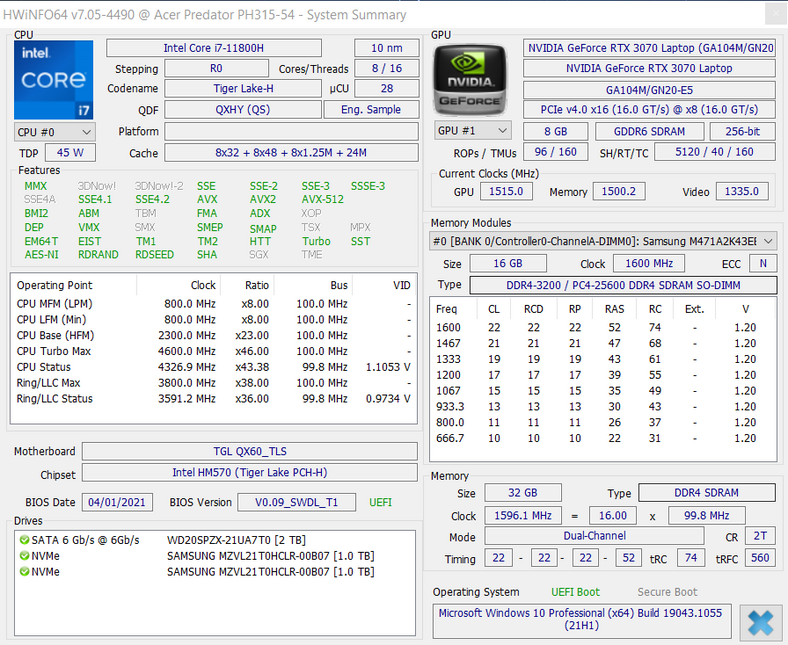 Acer Predator Helios 300 (PH315-54) – HWiNFO64 – podstawowa specyfikacja laptopa