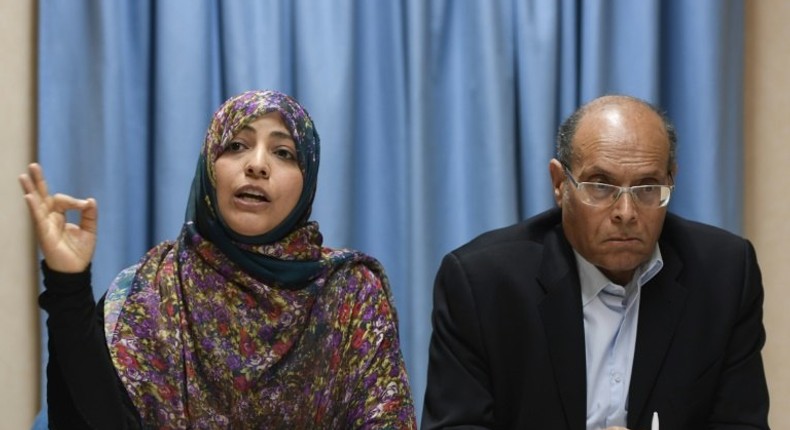 Yemeni journalist and Nobel Peace Prize laureate Tawakkol Karman speaks next to former interim Tunisian president Moncef Marzouki (R) in Geneva on March 2, 2017