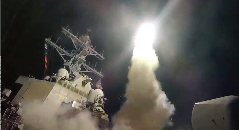 In this image from video provided by the U.S. Navy, the guided-missile destroyer USS Porter (DDG 78) launches a tomahawk land attack missile in the Mediterranean Sea, Friday, April 7, 2017.