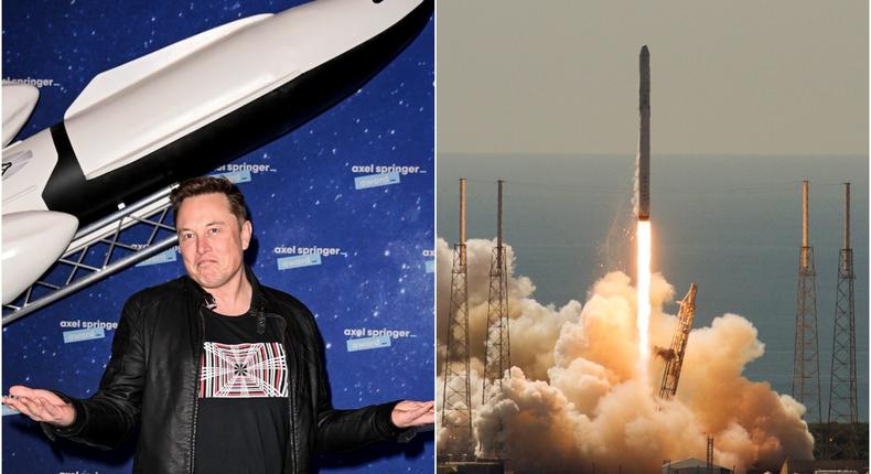 SpaceX CEO Elon Musk beside a Falcon 9 launch.
