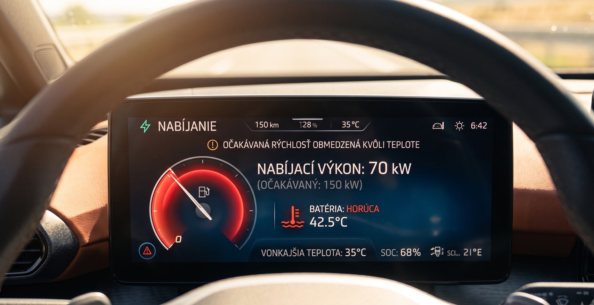 Detail displeja elektromobilu s nabíjacím výkonom 70 kW namiesto očakávaných 150 kW – ukážka termálneho obmedzenia rýchlonabíjania pri horúcej batérii v lete. 