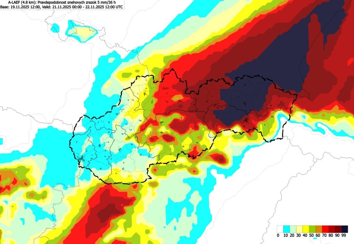Pravdepodobnosť snehových zrážok 5mm/36 hodín – piatok 21. november až sobota 22. november 12.00.