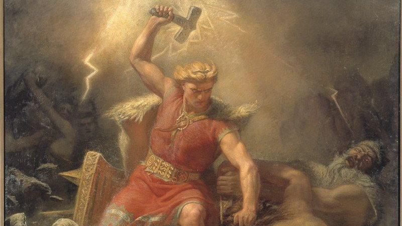 Thor walczący z gigantami, Mårten Eskil Winge, 1872 (domena publiczna)