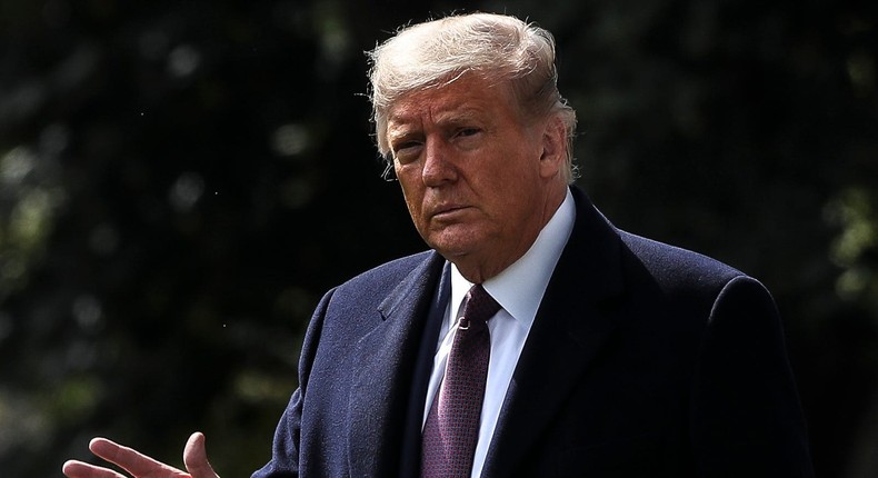 President Donald Trump walks on the South Lawn of the White House before boarding Marine One on October 1, 2020, in Washington, DC. Trump traveled to Bedminster, New Jersey, to meet with supporters.
