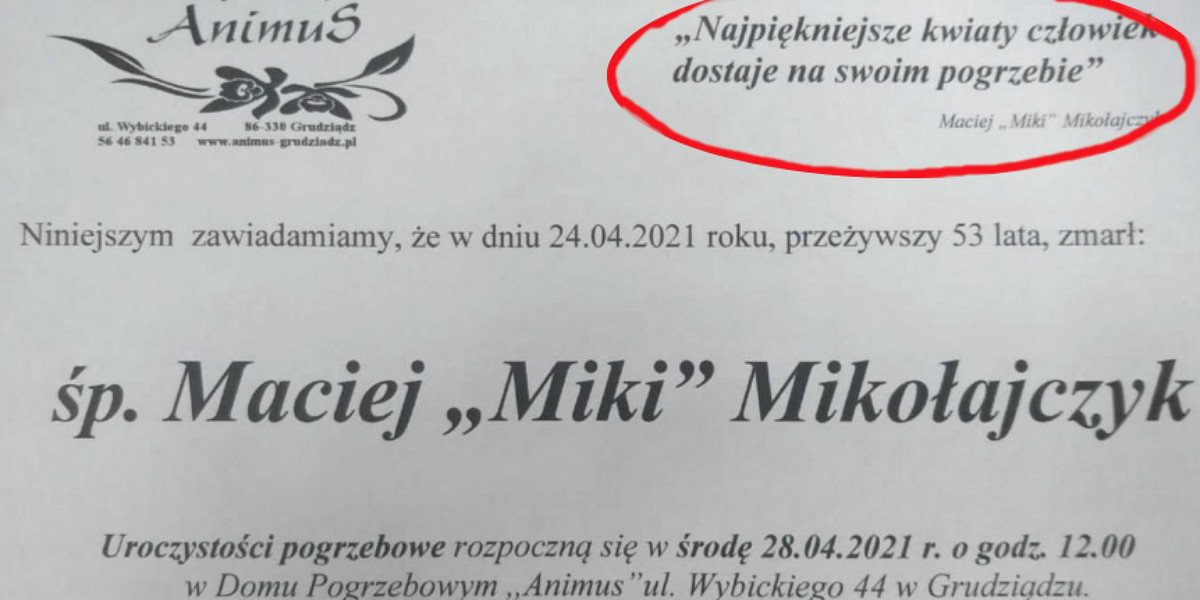 Nie żyje Maciej "Miki" Mikołajczyk. Koledzy w jego nekrologu umieścili te słowa!