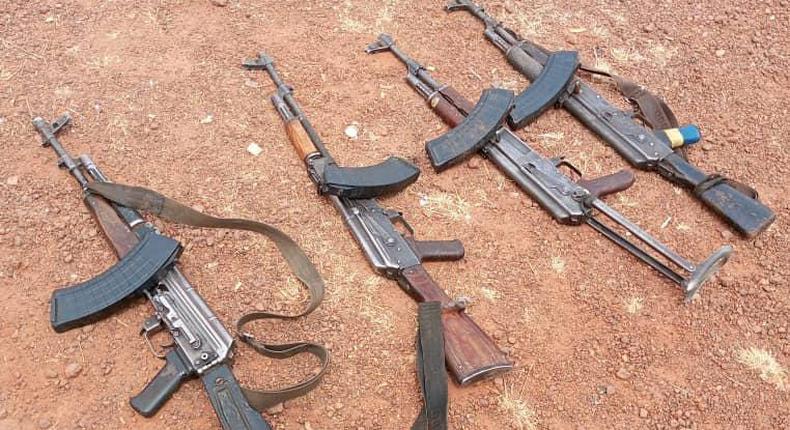 The four AK-47 rifles recovered by troops of 1 Division Nigerian Army on Friday in Kaduna.