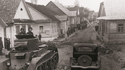 Red army tank drivers on a street in the city of rakov, poland, september 1939: soviet invasion of eastern poland, soviet troops were ordered to cross the frontier and 'take over the protection of life and property of the population of western ukrain