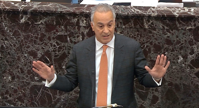 In this image from video, Eric Herschmann, an attorney for President Donald Trump, answers a question during the impeachment trial against Trump in the Senate at the U.S. Capitol in Washington, Wednesday, Jan. 29, 2020.Senate Television via AP