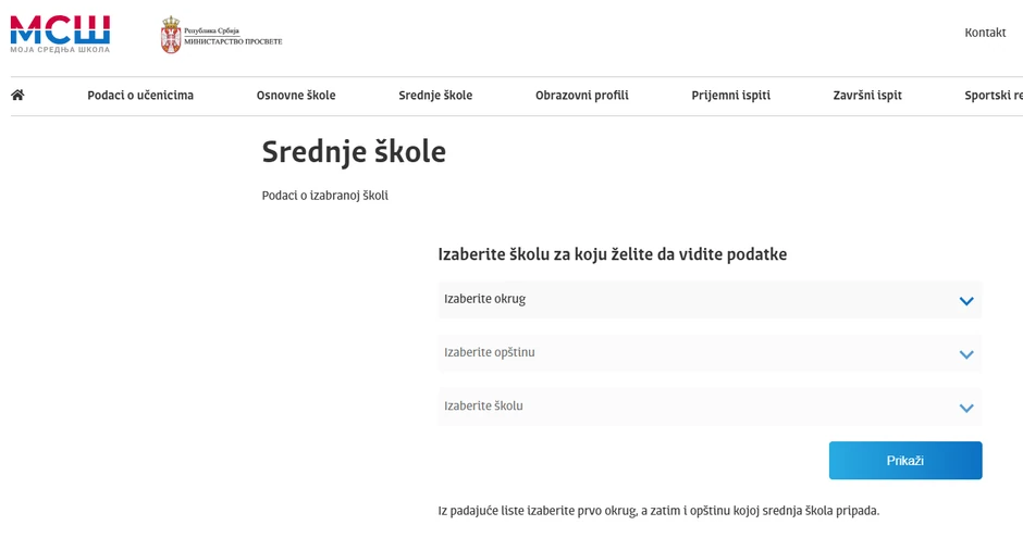 Portal "Moja srednja škola": Odaberite školu u padajućem meniju i saznaćete koliko je bodova najmanje bilo potrebo za upis prošle godine 