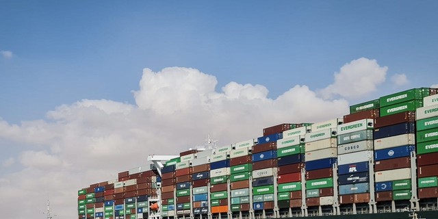 The Ever Given in the Suez Canal.
