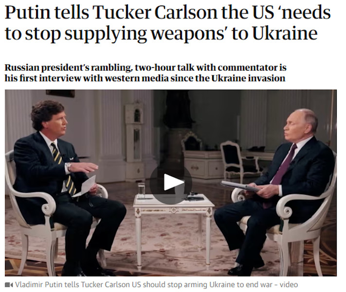 "Putin mówi Tuckerowi Carlsonowi, że Stany Zjednoczone „muszą zaprzestać dostaw broni” na Ukrainę"