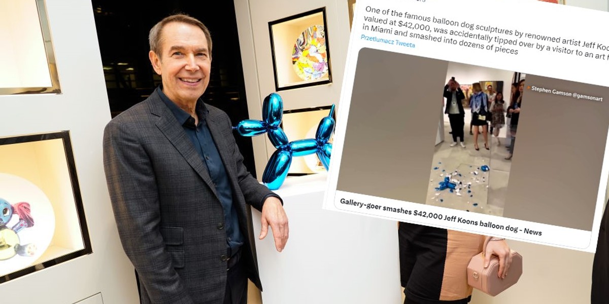 Jeff Koons i jego "balonowy pies" na wystawie w Nowym Jorku, 2021 r. 