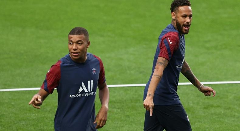 Kylian Mbappe with Neymar at Paris Saint-Germain's training session in Lisbon on Tuesday evening