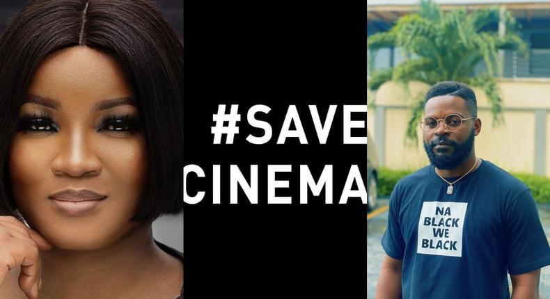 Omotola Jalade Ekeinde, Falz joined the online protest against the closure of cinemas in Nigeria [Instagram/ @realomosexy @falzthebahdguy]