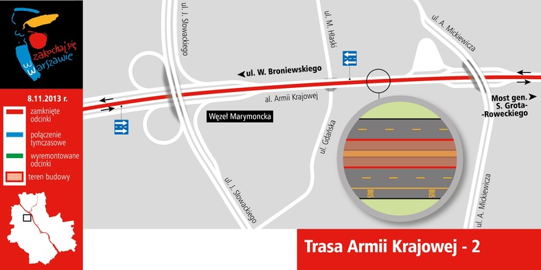 Utrudnienia podczas remontu mostu Grota-Roweckiego w Warszawie od 9 listopada. Węzeł Marymoncka. Materiały prasowe UM Warszawy.