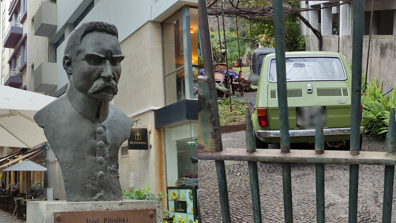 Kolejne ślady polskości na wyspie: pomnik Józefa Piłsudskiego i fiat 126p zaparkowany na podwórku niedaleko stadionu klubu Maritimo Funchal
